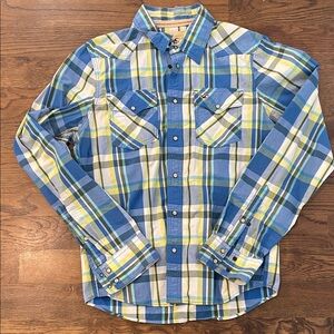Hollister Blue and Green Plaid Pearl Snap Button Down Shirt